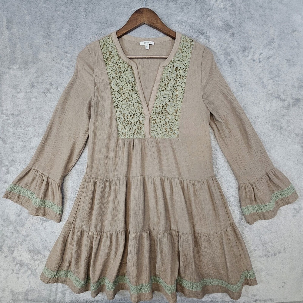 Jodifl Mini Dress Women's Small Tiered Bell Sleeve Lace Trim Casual Boho Peasant